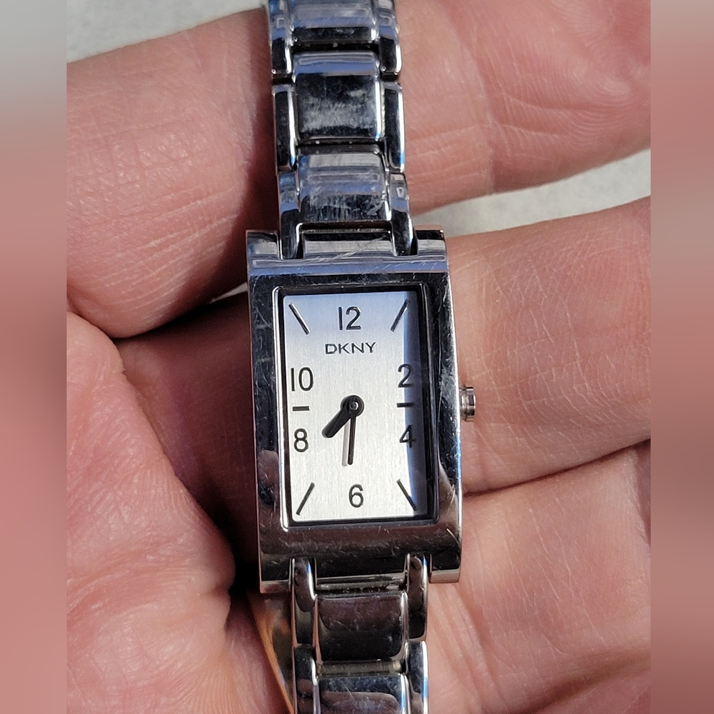 Ladies DKNY silver tank style watch with nice bracelet